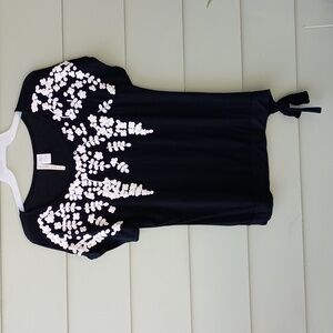 Forgotten Grace Women's Black Knit Top White Floral Stitchery Side Ties Sz L New